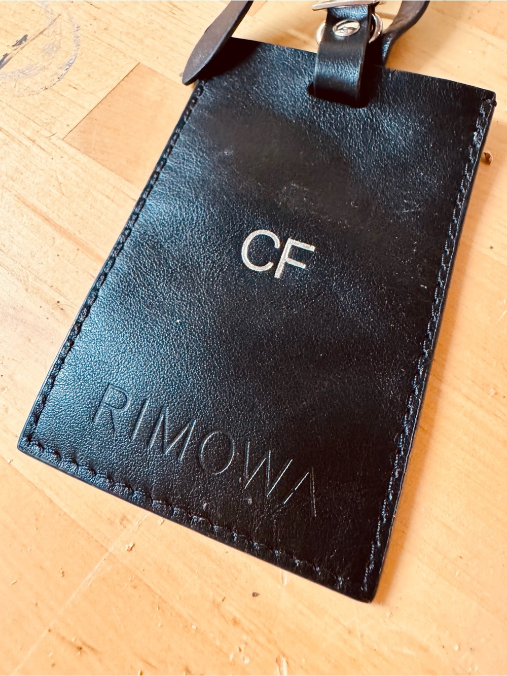 RIMOWA Black Leather Luggage Tag with Embossed Logo and CF initials